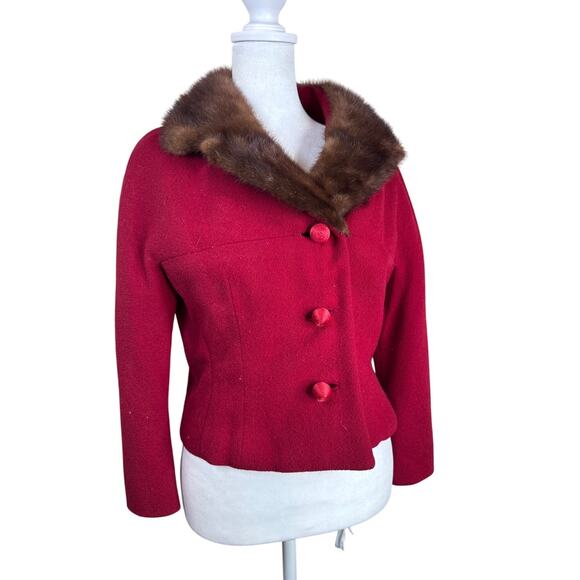 Vintage Red‎ Wool Crop Jacket Brown Fur Collar Zelinka Matlock Forest Mann - Picture 1 of 12